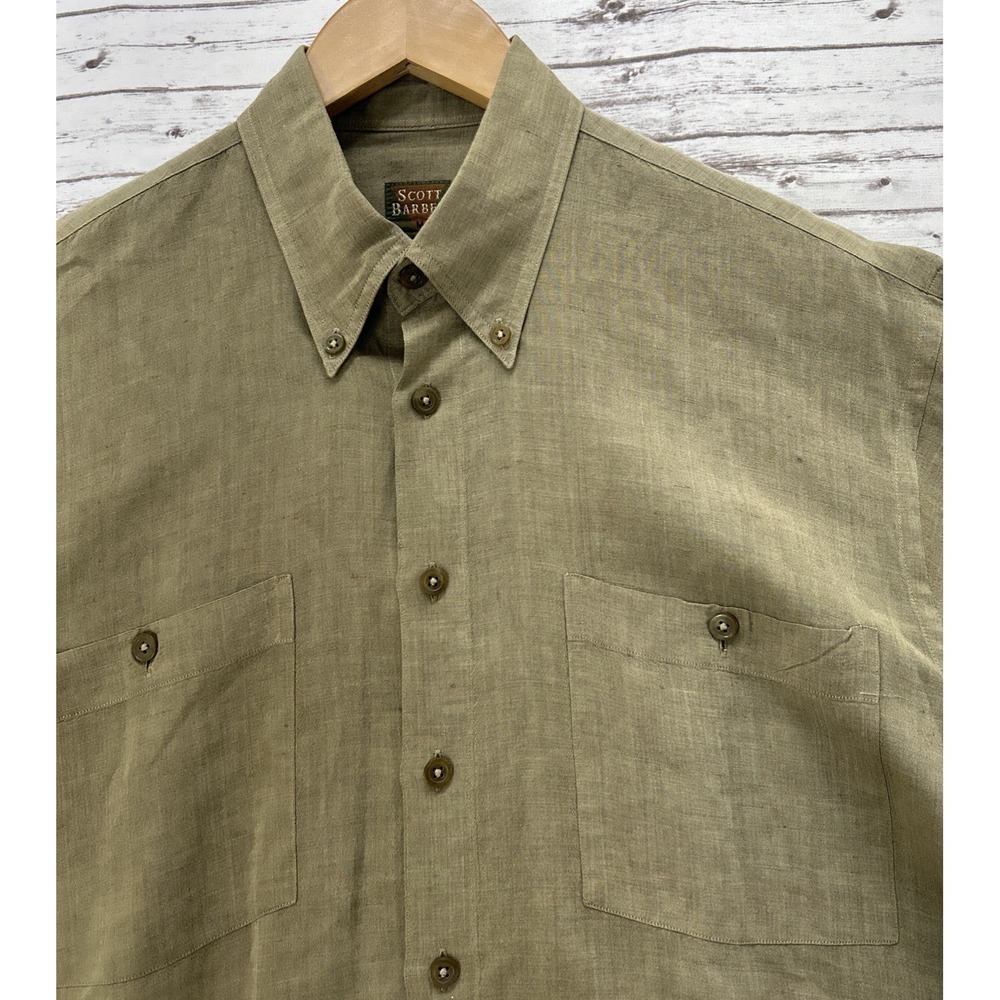 Scott Barber Mens Linen Blend Button Down Shirt Size Medium Green Short Sleeve